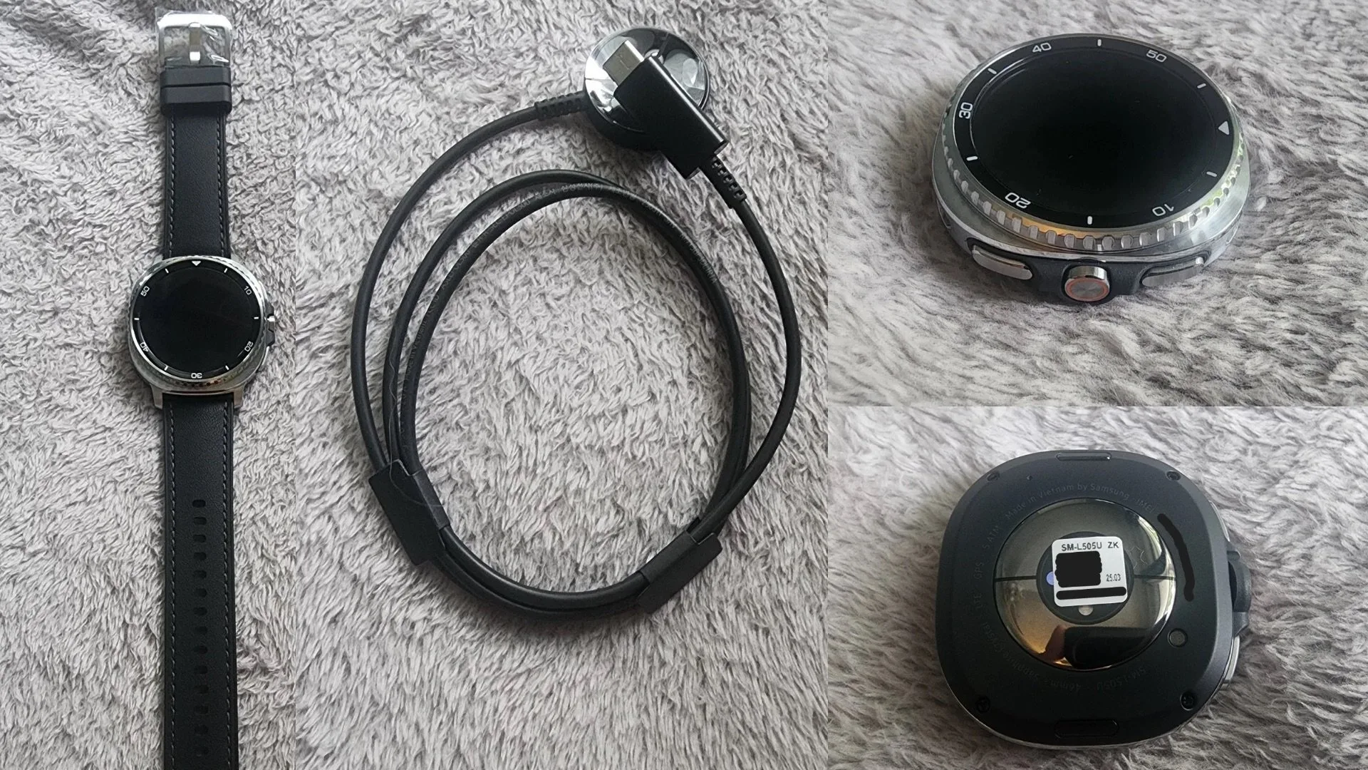 Prototype Galaxy Watch 8 avec boîtier et câble de charge sans fil